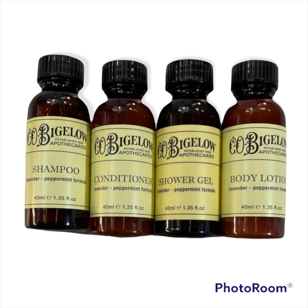Lot (4) CO Bigelow Travel Toiletries Shampoo Conditioner Body Lotion Sho…